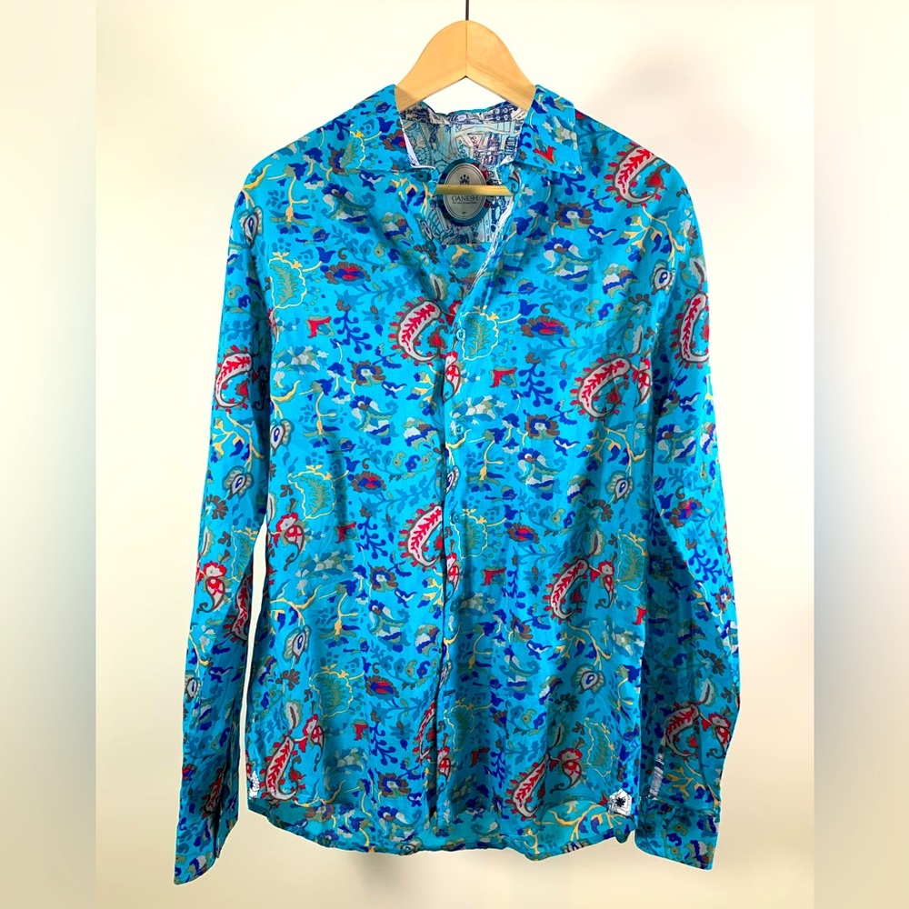 Ganesh / men’s button Down blue patterned dress shirt